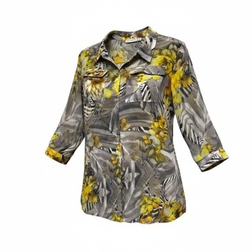 Susan Graver Yellow Floral Zebra Button Down Blouse Top Flowy Gardencore Sheer